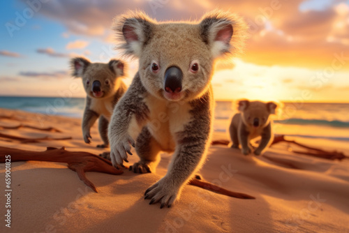 Curious koalas on a beautiful beach at sunset