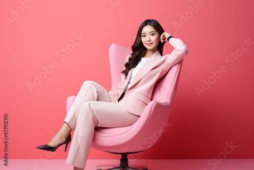 Young asian businesswoman sits on an armchair, bright pink background. AI generated
