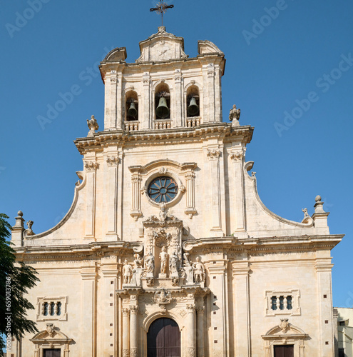 Facade of St. Sebastian Basilica in Ferla, Sicily. A baroque church built in 1741