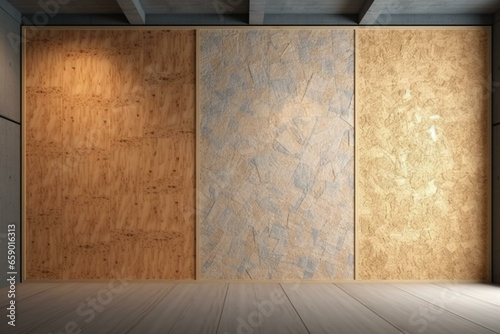 Collection of various panels: OSB, plywood, and gypsum board. 3D illustration. Generative AI
