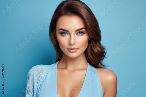 Close-up portrait of beautiful sensual caucasian woman with brown hair wearing blue clothes on a blue background.