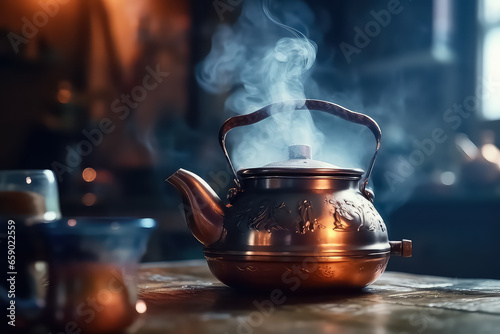 Traditional Japanese herbal tea made in a cast iron teapot with