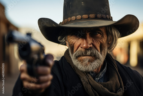Front-facing cowboy gun drawn prepares for wild west town duel 