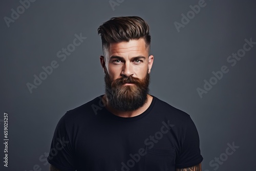 Handsome man with an undercut hairstyle and beard studio portrait, simple dark background. AI generated