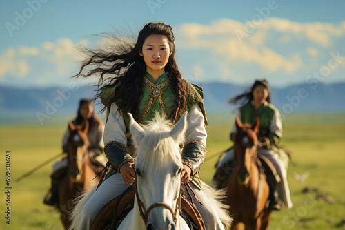 Genghis Khan and his Family Ancient Mongolian Girl Woman Riding Horses Mongol Empire Asian Conqueror China Yuan Dynasty Grassland Nomads Castle War App Online Games TV Drama Movie Wuxia Jin Yong 