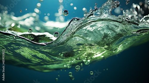 Wide banner photo of floating lemon and slices with leaves on clear fresh water splash in dark blue background 