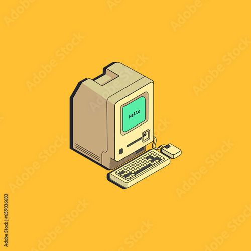 Isometric old macintosh with text