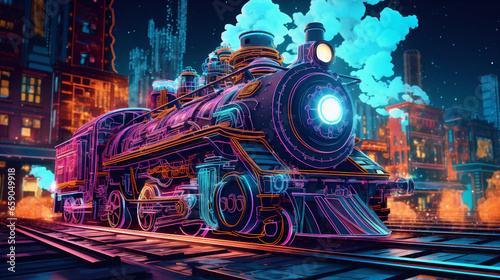 The steam locomotive in the night city