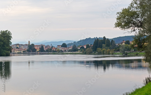 View on the village Sesto Calende at the river Ticino and lake Lago Maggiore in the Varese region in Italy, Europe