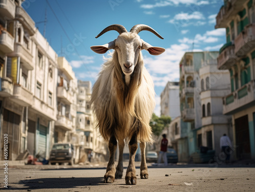 A Photo of a Goat on the Street of a Major City During the Day