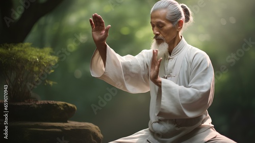 An older man, an Asian, is engaged in oriental gymnastics qigong or Tai chi chuan in the park.