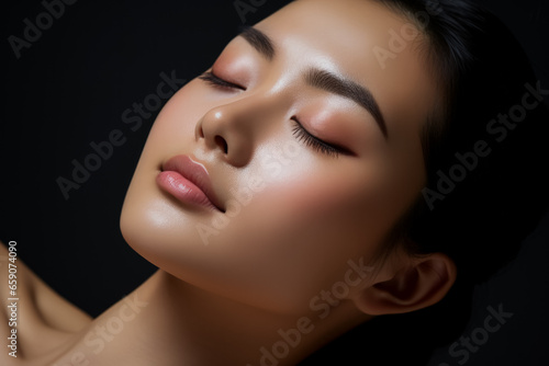 Asian woman applies skin tonic to cheek with closed eyes 