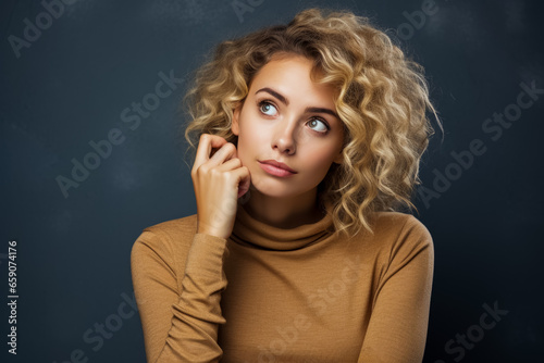 Confused and clueless young blonde woman with curly hair 