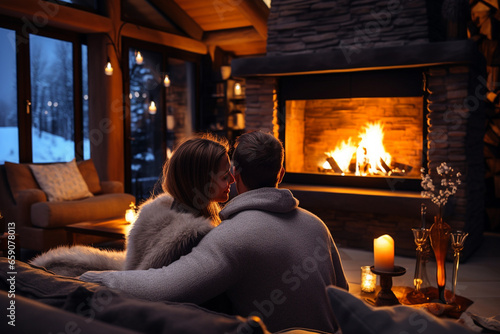 a young couple is warming up by the fireplace in an embrace. generative ai. romantic setting. evening for two.
