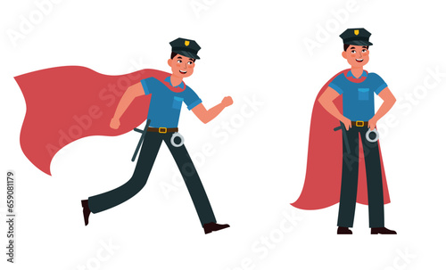 Super cop on duty, police superhero with superhuman powers. American police in uniform and red cape. Standing and running man. Officer or sheriff. Cartoon flat isolated vector concept