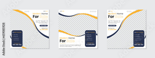 Real estate house or home for sale post template with creative wavy shapes, property apartment sale business marketing ads promo square story, post, web banner, flyer, poster, editable layout design