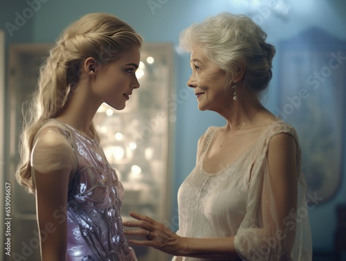 Future and past, An elderly gray-haired old woman grandmother with her young granddaughter in space clothes. 21st century generation and 22nd century generation