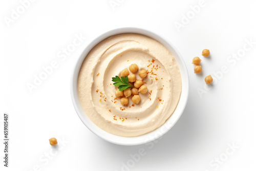Hummus in bowl on white background, top view