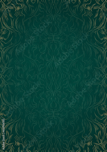 Hand-drawn unique abstract ornament. Light green on a dark cold green background, with vignette in golden glitter. Paper texture. Digital artwork, A4. (pattern: p11-1d)