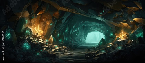 Digital illustration of a breathtaking underground mine with gold gemstones and other minerals