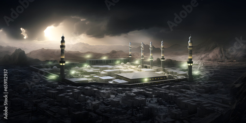 Gorgeous digital artwork of a mosque with tall minarets, illuminated by the enchanting evening light against a striking background, evoking a feeling of mystery and solemnity