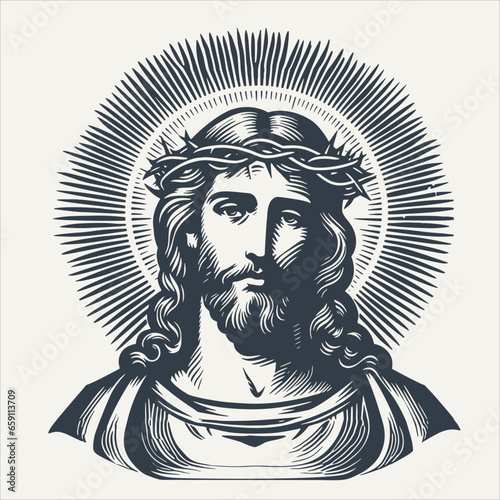 Jesus with crown of thorns and halo. Vintage woodcut engraving style vector illustration.