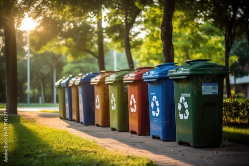 Different color recycling bins in city park bins for collection of recycle materials.