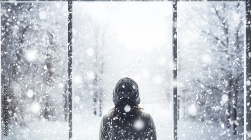 A person gazes out of a window as the first snowfall of the season blankets the ground. The world outside is transformed into a winter wonderland.