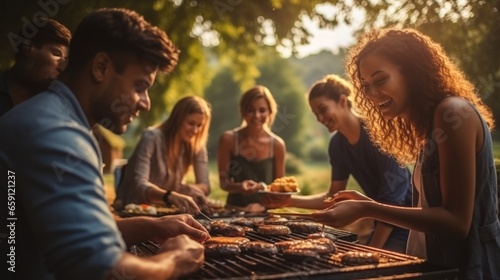 A group of friends making barbecue sandwiches at a picnic.