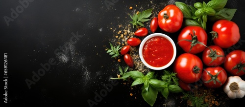 Homemade tomato sauce with ingredients arranged flat with space for text