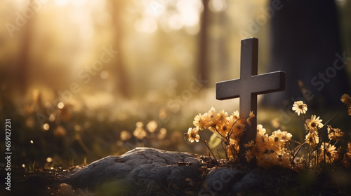 Capture the solemn beauty of a Catholic cemetery with a grave marker and cross engraved on it set against a softly blurred background to create a sense of peaceful serenity Funeral concept