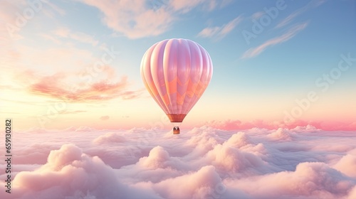  a hot air balloon flying over a cloud filled sky at sunset. generative ai