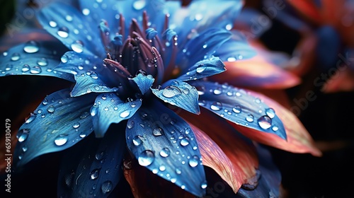  a blue flower with water droplets on it's petals. generative ai