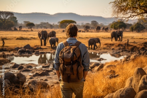An exciting wildlife safari adventure with a traveler observing a group of elephants in their natural habitat, emphasizing the importance of responsible tourism