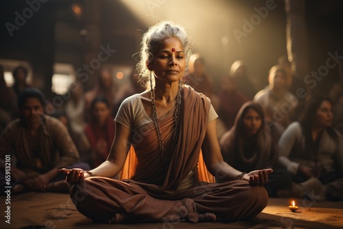 indian woman meditating in a temple full of women