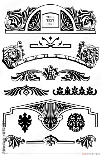 Vintage Ornament Pack 1. Decorative filigree, scrollwork, and graphic vector elements. Victorian, Baroque. Funerary design. Graveyard aesthetic. Tombstone decor.