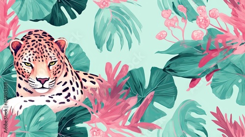  a leopard sitting in a jungle of pink and green leaves. generative ai