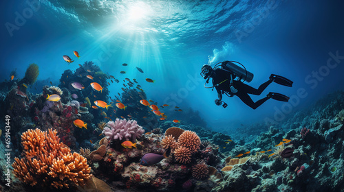 Scuba diver swimming under water against the backdrop of an underwater landscape