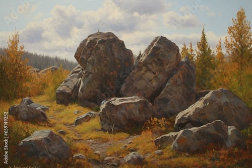 Oil painting of rocks in the foothills of the Sayan Mountains near Krasnoyarsk. Generative AI