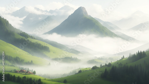 SERENE VALLEY WITH LUSH GREEN MEADOWS AND TOWERING MOUNTAINS - AI Generative