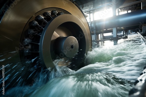 Spinning turbine in hydroelectric power plant, rushing water in background. Generative AI