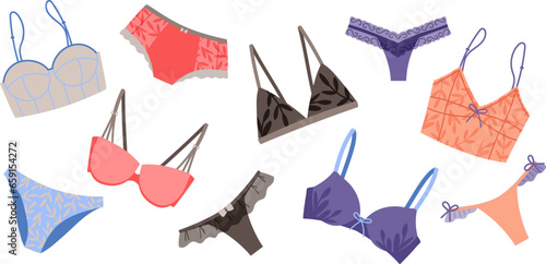 Colorful collection of elegant female underwear. Trendy lingerie set, bra, pantie, bikini. Collection of undergarments vector illustration
