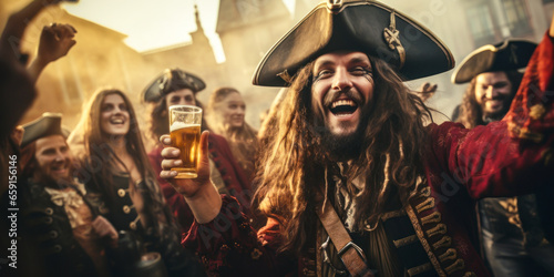 Pirates drinking and celebrating, costumes, banner, copyspace