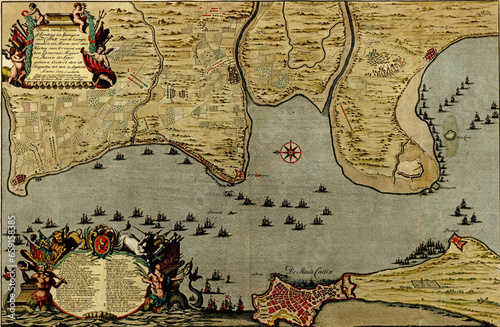 Antique map of the battle of Cadiz, 1701 in Spain