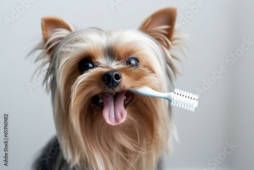 Caring for dog's gum health and mouth cleanliness by brushing teeth helps prevent bad breath. Generative AI