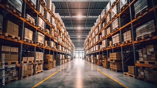 A large warehouse with numerous items. Rows of shelves with boxes. Logistics.