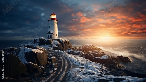 A lighthouse on a snowy hill. Generative AI