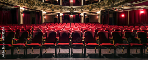 Rows of empty chairs at theatre or concert hall. Generative AI