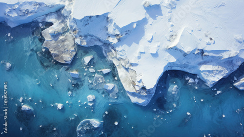 Aerial top view of ice coast in Antarctica, glacier in frozen sea,