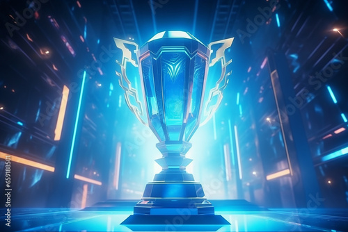 A esports concept trophy for an esports tournament winner. The futuristic concept with neon and a podium. Generative ai